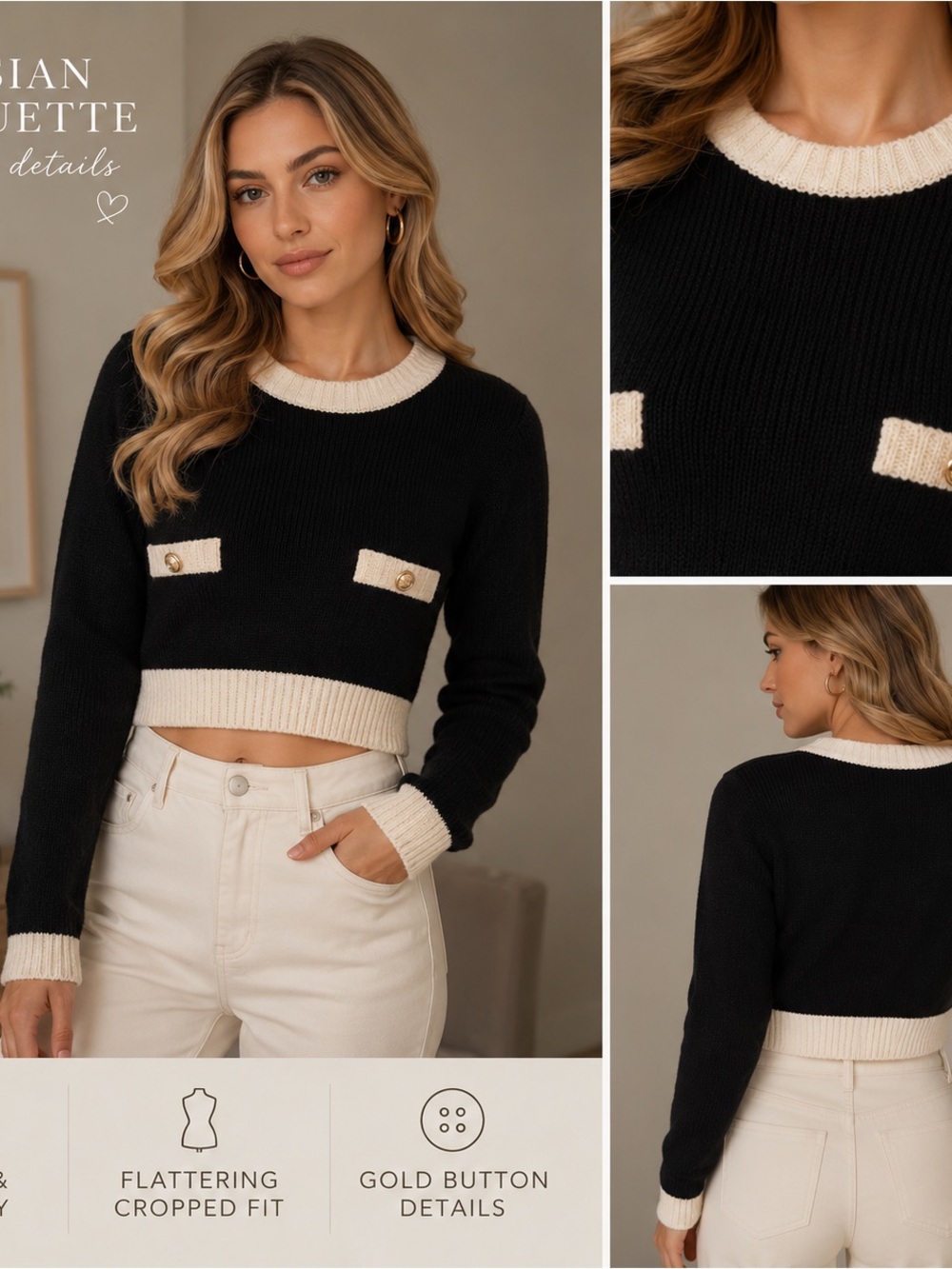 MABLE Black Cream Cropped Knit Sweater Gold Buttons Coquette Parisian Preppy M